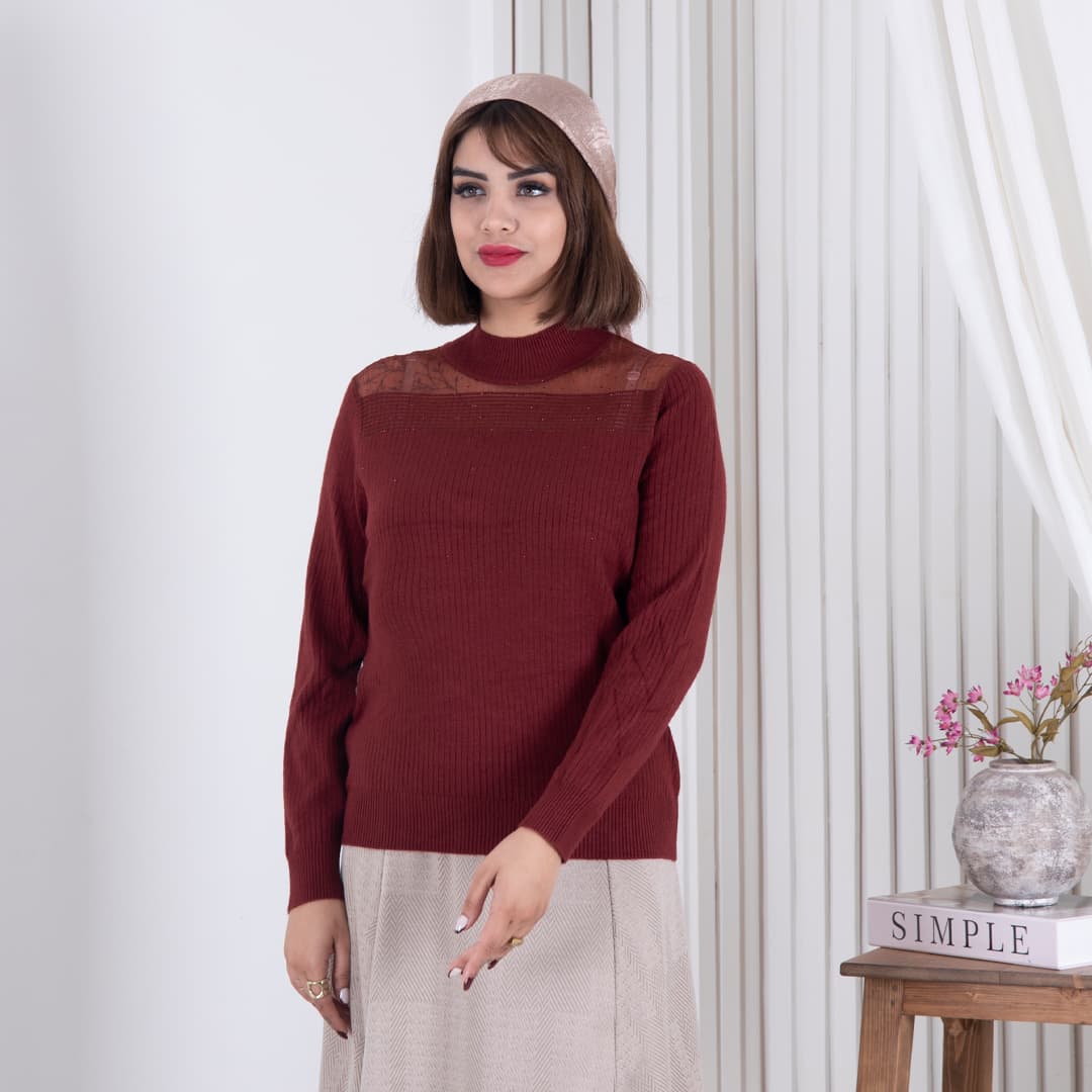 بلوز بافت دخترونه یقه تور نگین