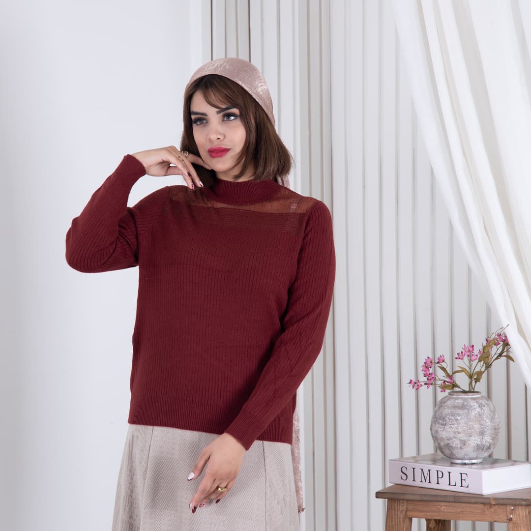 بلوز بافت دخترونه یقه تور نگین