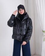 کاپشن وارداتی دخترونه چرم کلاه دار SHEIN