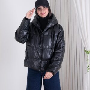 کاپشن وارداتی دخترونه چرم کلاه دار SHEIN