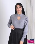 بلوز بافت دخترونه یقه 5 سانت باز نگین دار - Image 2