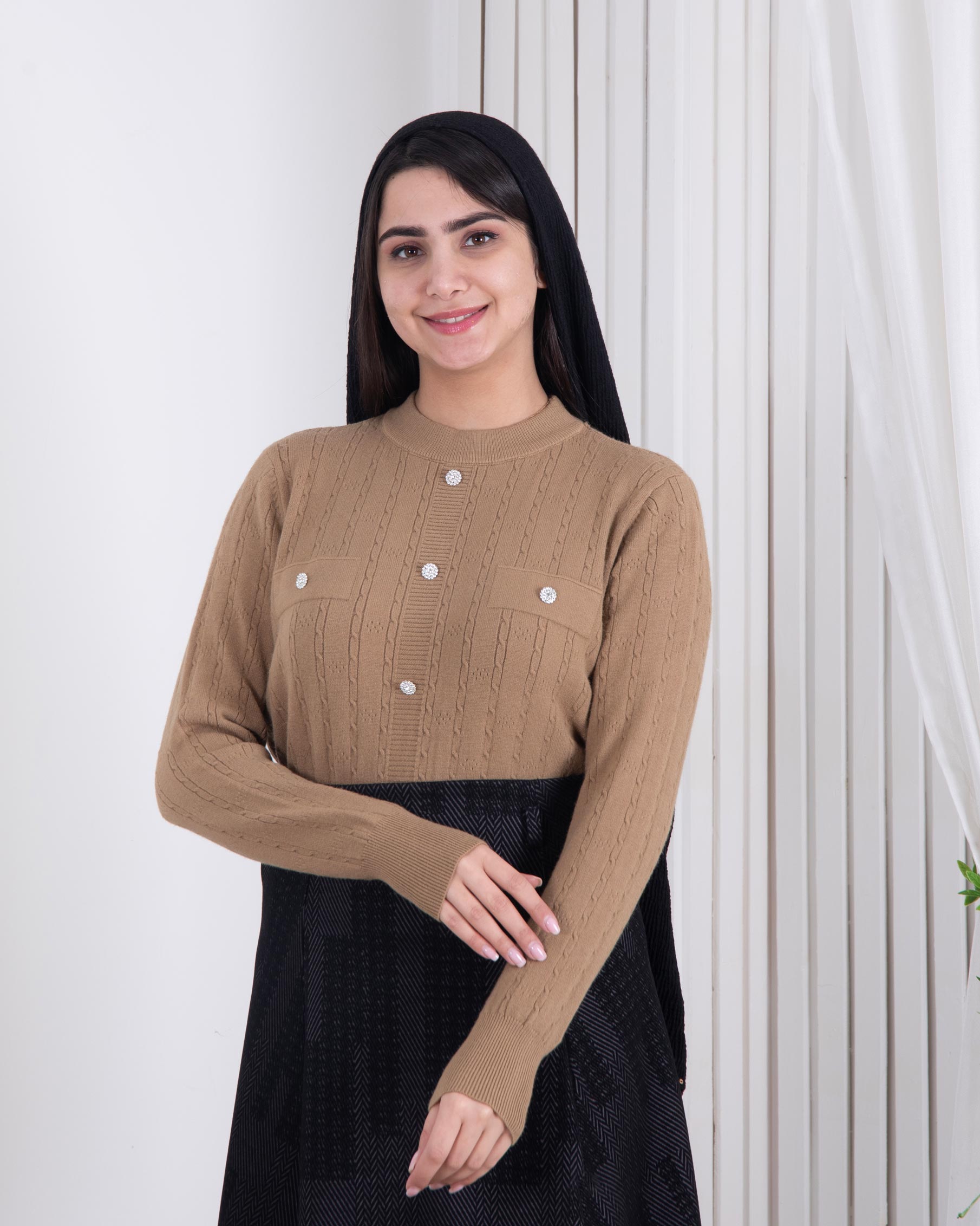 بلوز بافت دخترونه جلو دکمه جیب نما بلوز بافت دخترونه جلو دکمه جیب نما - Image 1